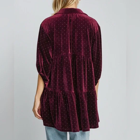 NWT Umgee PLUS + REG Size Red Polka Dot Button Down Babydoll Style Shirt Top - Picture 4 of 6